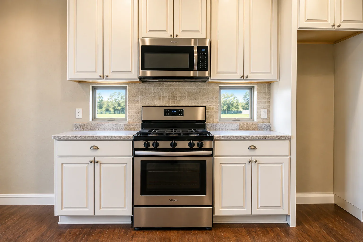 Modern kitchen with white cabinets, granite counters, stainless steel appliances, and tiled backsplash