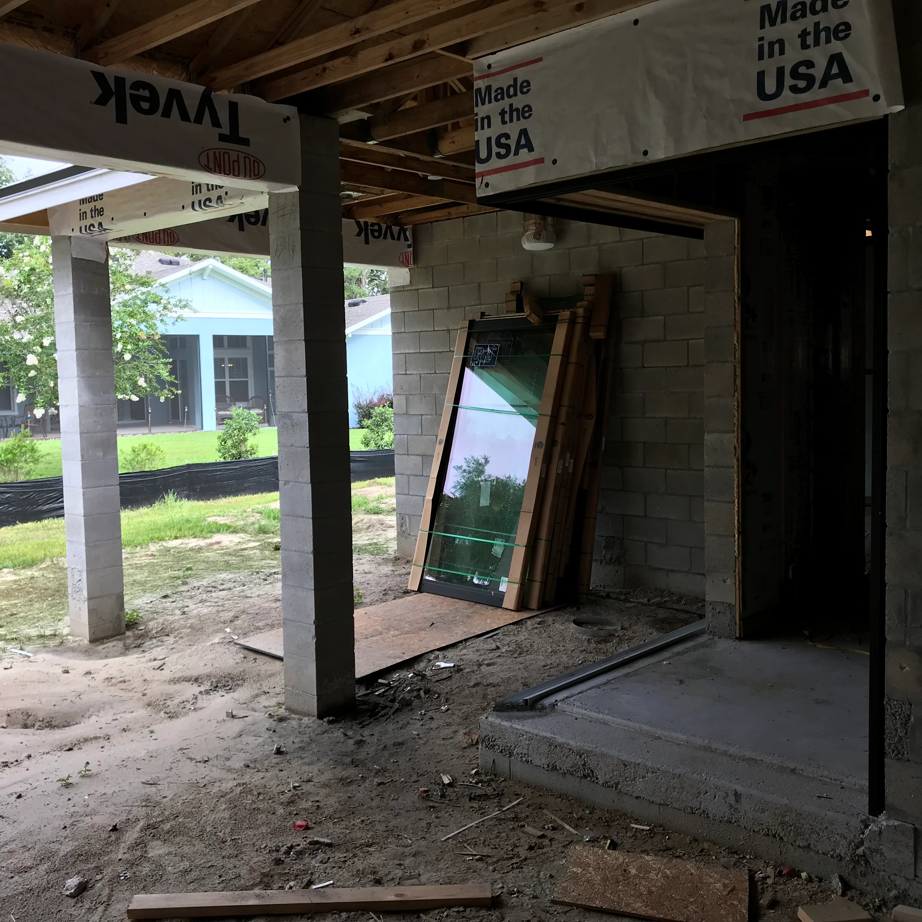 Concrete foundation and block wall framing for residential addition under construction