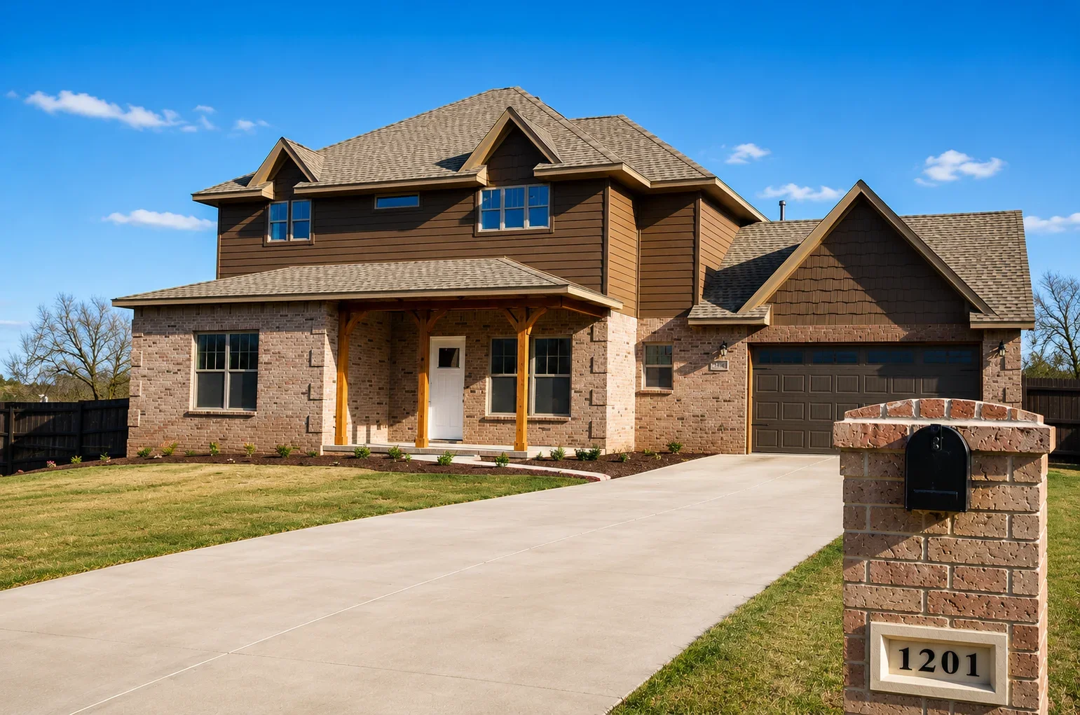 Two-story brick home with tan siding, gabled roof, covered porch, and two-car garage