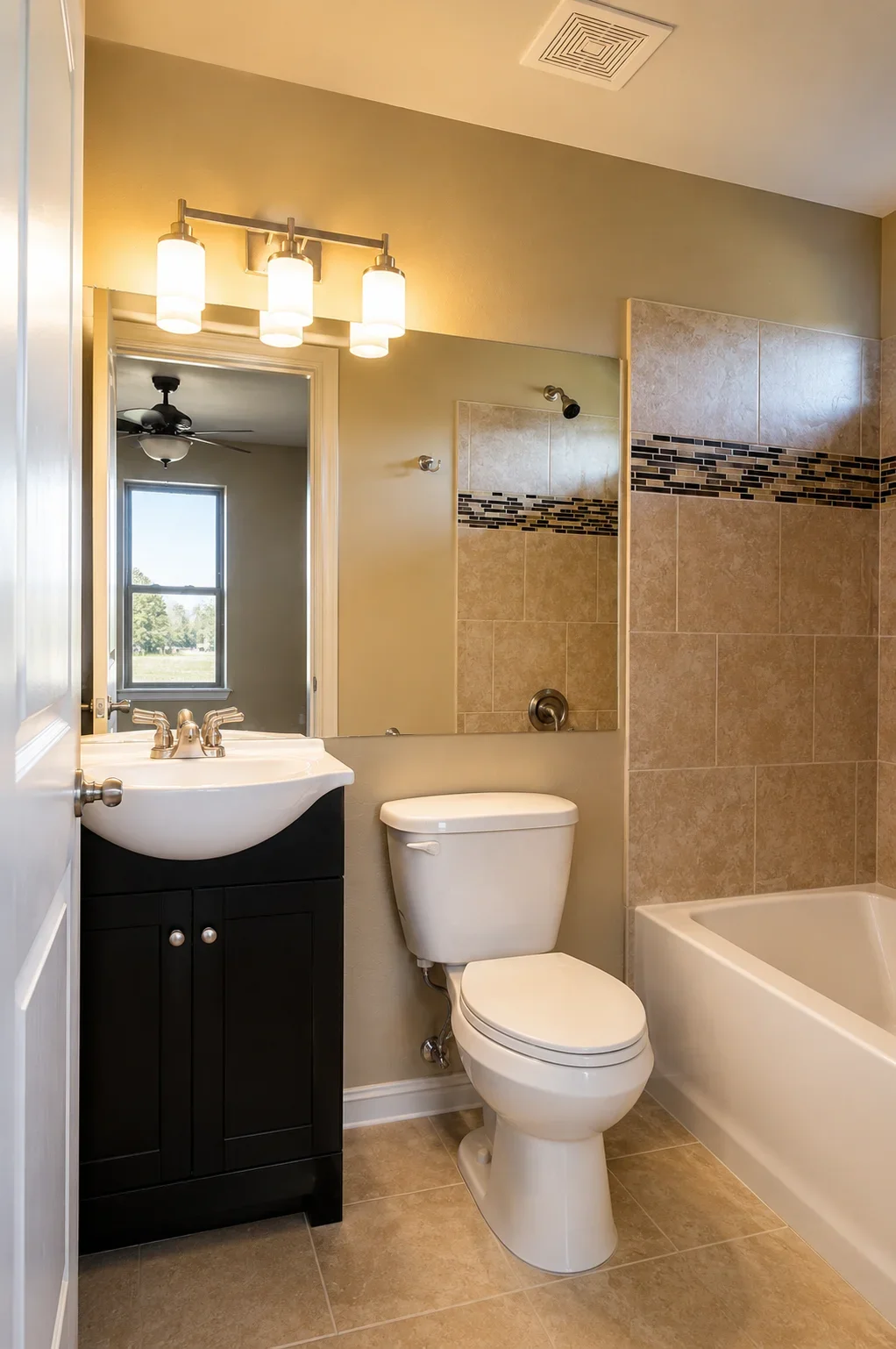 Renovated bathroom with tile shower, black vanity, and vessel sink in San Antonio