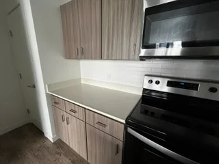 Modern kitchen with light wood cabinets, quartz countertops, and stainless steel appliances