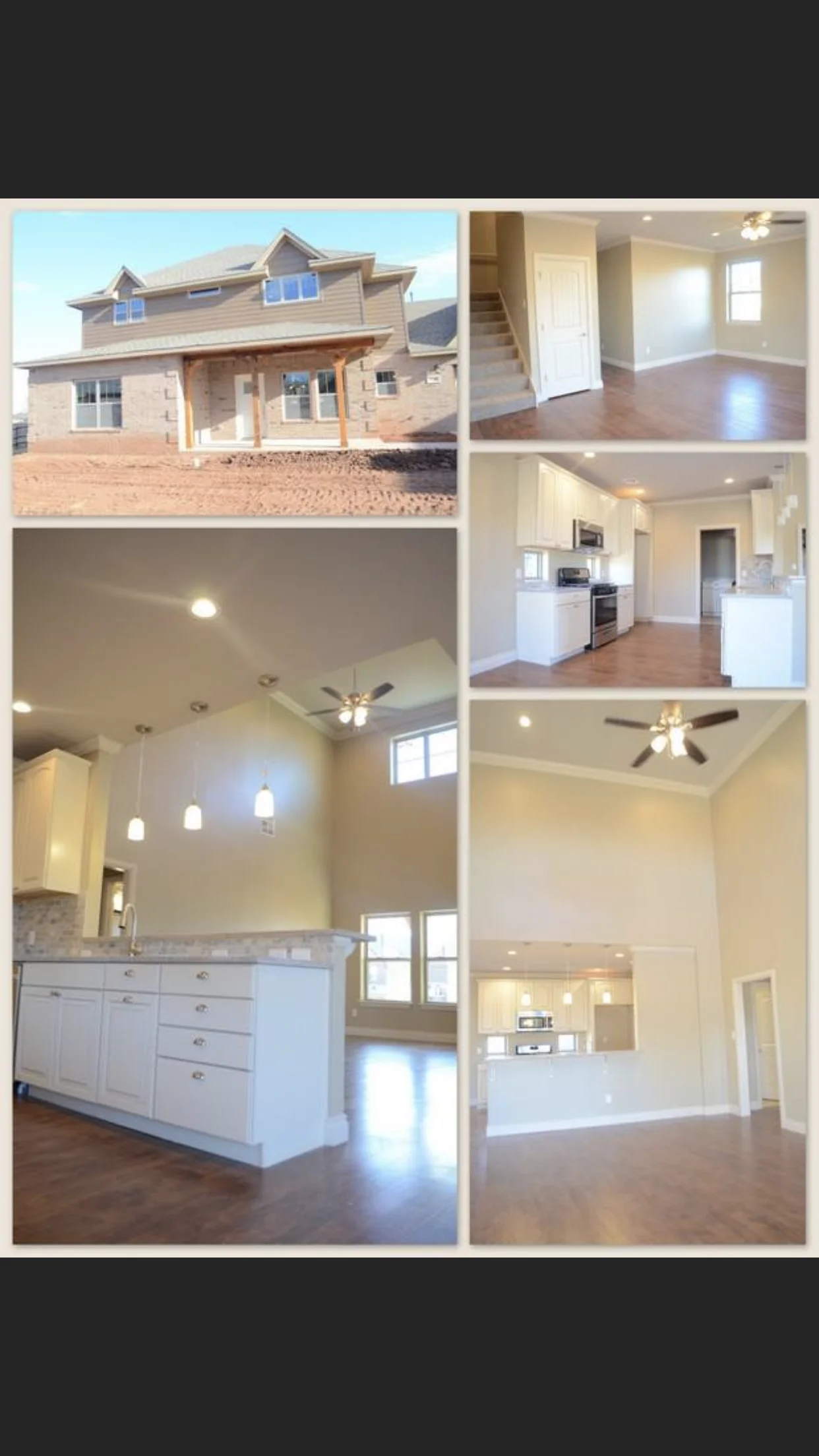 Two-story home exterior and interior rooms showing kitchen, living areas, and hardwood floors