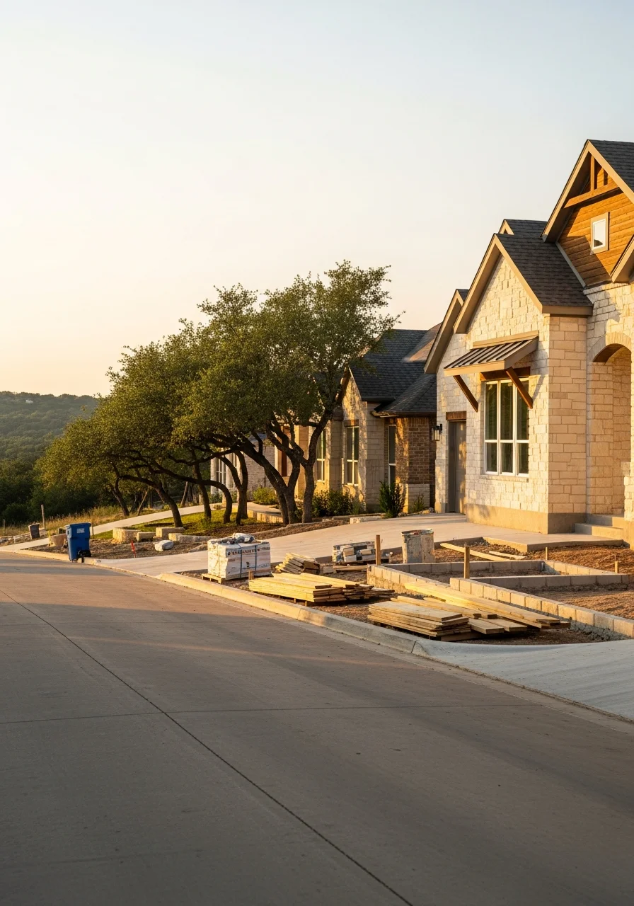 Buda Texas residential neighborhood with modern homes and rolling hills landscape