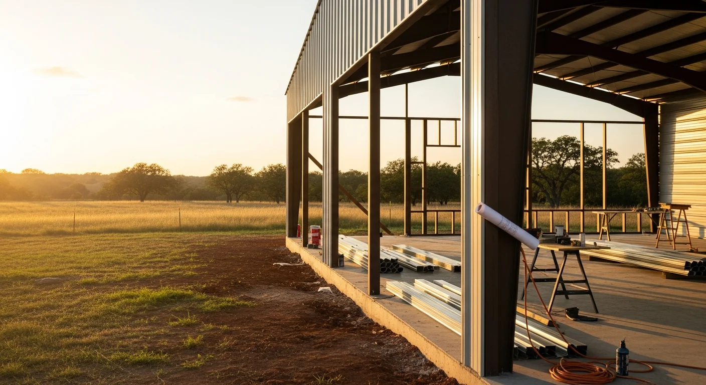 A finished metal building home with a covered porch and large garage bay on a rural lot in New Berlin, TX. The steel exterior reflects afternoon light against an open Guadalupe County landscape.