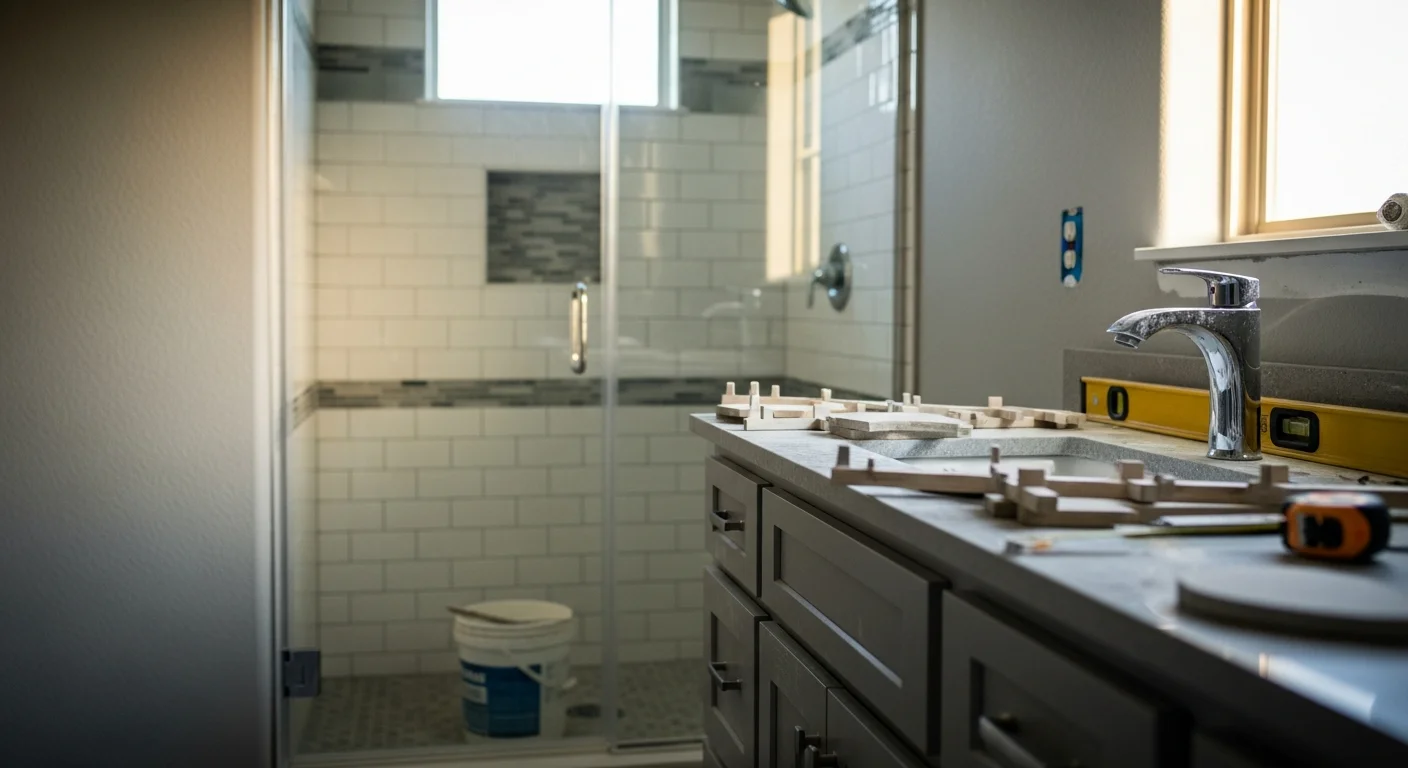Remodeled bathroom in a New Berlin, TX home featuring a walk-in shower with tile surround and an updated double vanity. The space shows clean lines, moisture-resistant finishes, and improved storage typical of a Cornerstone Building LLC bathroom renovation in Guadalupe County.