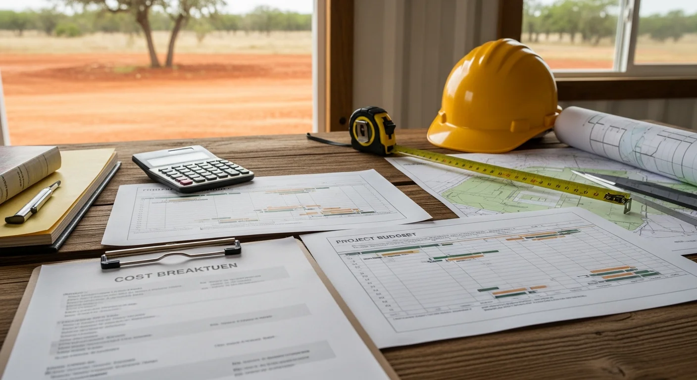 A construction consultant reviewing a detailed project budget spreadsheet and phased schedule at a table, with rural Guadalupe County land visible through the window. Documents show line-item cost categories for a New Berlin, TX building project.
