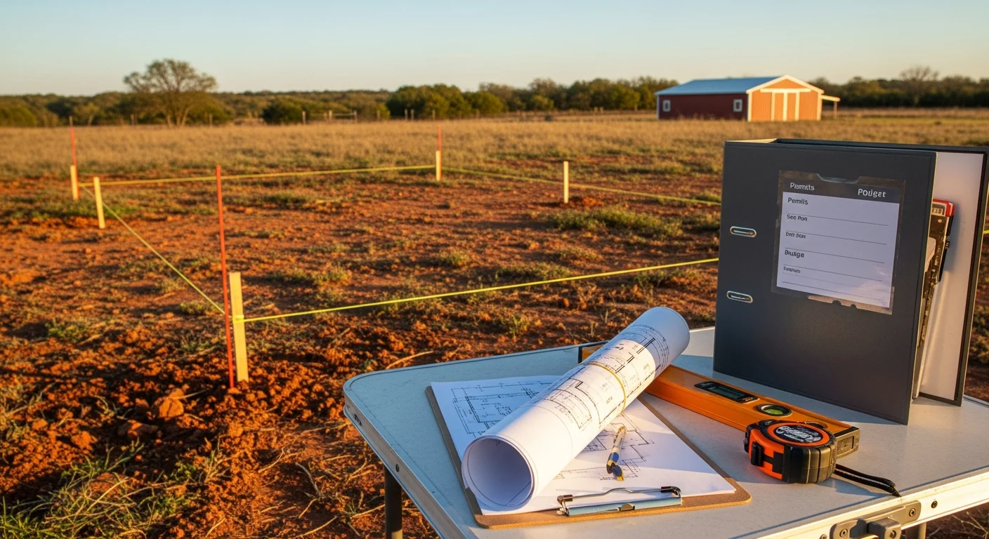 A construction consultant reviewing building plans on a rural property in New Berlin, TX, with an open land site and framed structure visible in the background. The image shows a professional site review meeting between an owner and a Cornerstone Building LLC consultant.