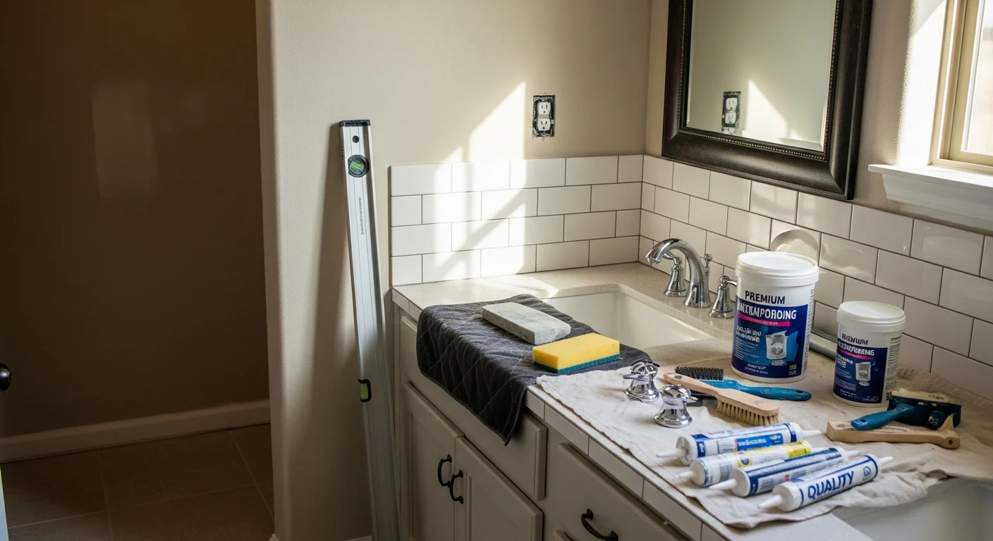 A finished custom bathroom installation in a New Berlin, TX home, showing a tiled walk-in shower, custom vanity, and updated lighting. The space reflects a full design-and-build remodel completed by Cornerstone Building LLC in Guadalupe County.