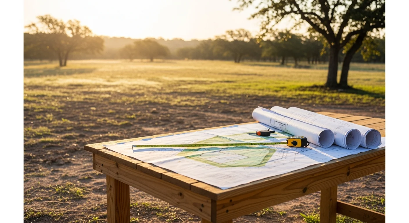 A builder and homeowner reviewing a custom floor plan layout on a table, with open rural land visible through the window, representing a custom home design consultation in New Berlin, TX. The setting reflects the large-lot, acreage-style properties common in Guadalupe County.