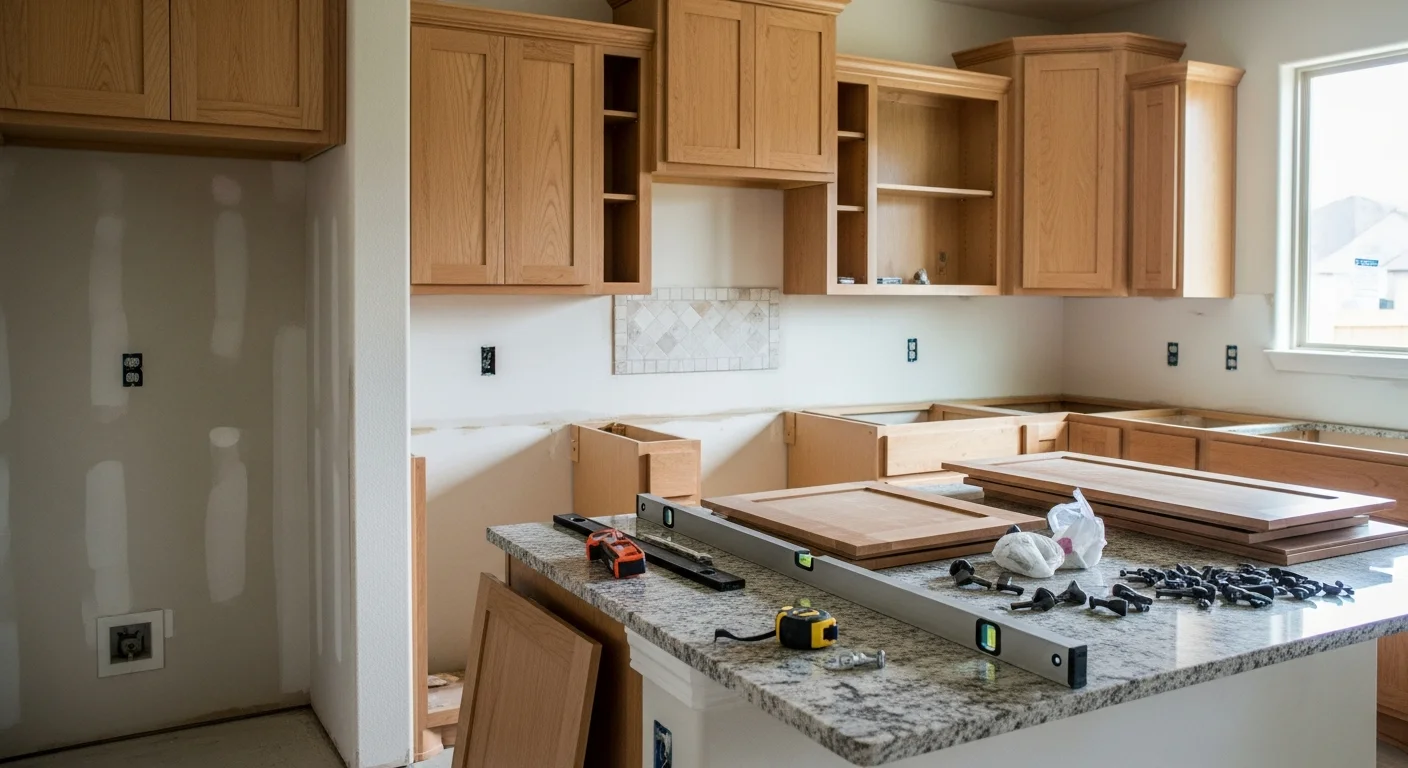 Newly installed custom kitchen in a New Berlin, TX home featuring floor-to-ceiling cabinetry, fitted countertops, and updated lighting. The layout is designed for an open-plan single-family home in Guadalupe County.