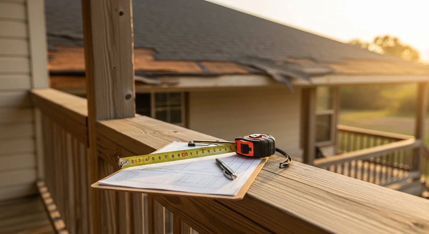 A construction consultant reviewing storm damage documentation on a rural residential property in New Berlin, TX, with a damaged roof structure and outbuilding visible in the background. Clipboard notes and photographs are being used to record the full scope of loss for an insurance claim.