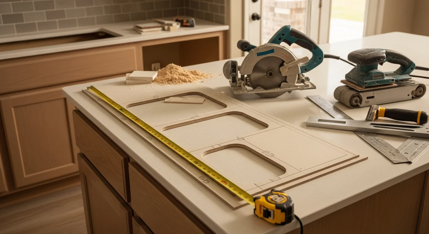 Newly installed stone countertop in a kitchen inside a rural New Berlin, TX home, showing clean edge profiles and a fitted sink cutout. The surface runs along white base cabinets with natural light coming through a window above.