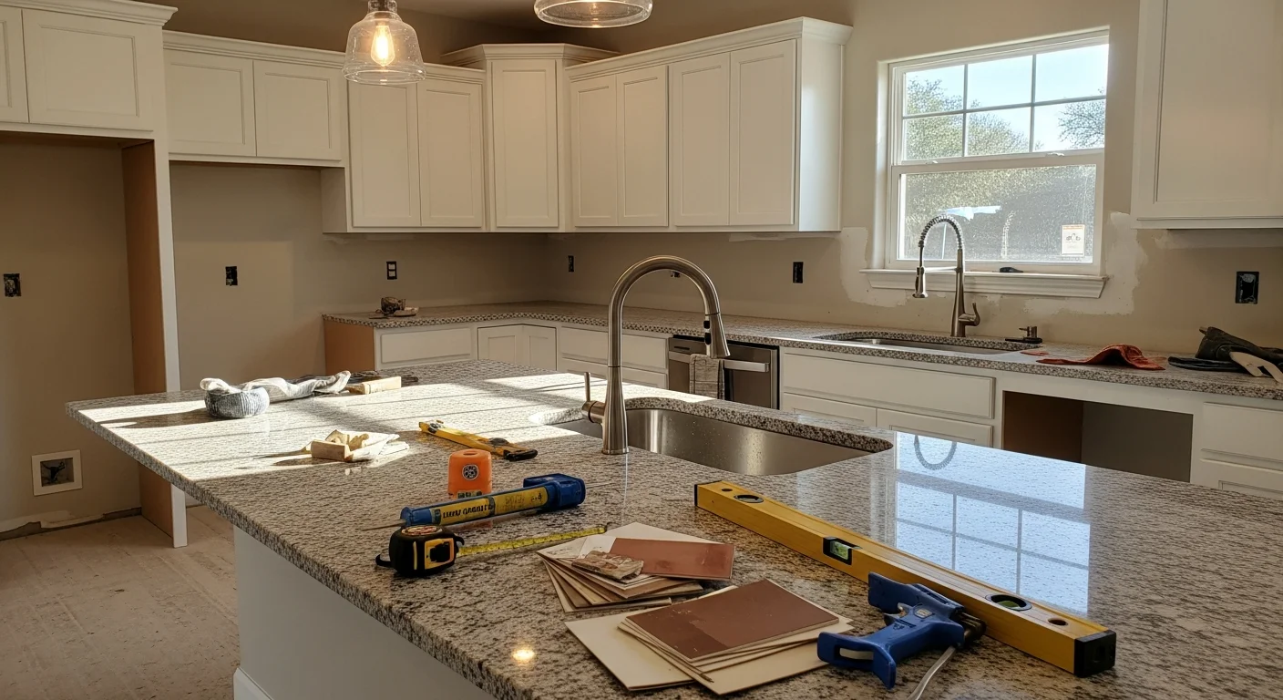 Remodeled kitchen interior in a rural New Berlin, TX home featuring updated cabinetry, new countertops, and improved lighting. Work completed by Cornerstone Building LLC for a Guadalupe County homeowner.