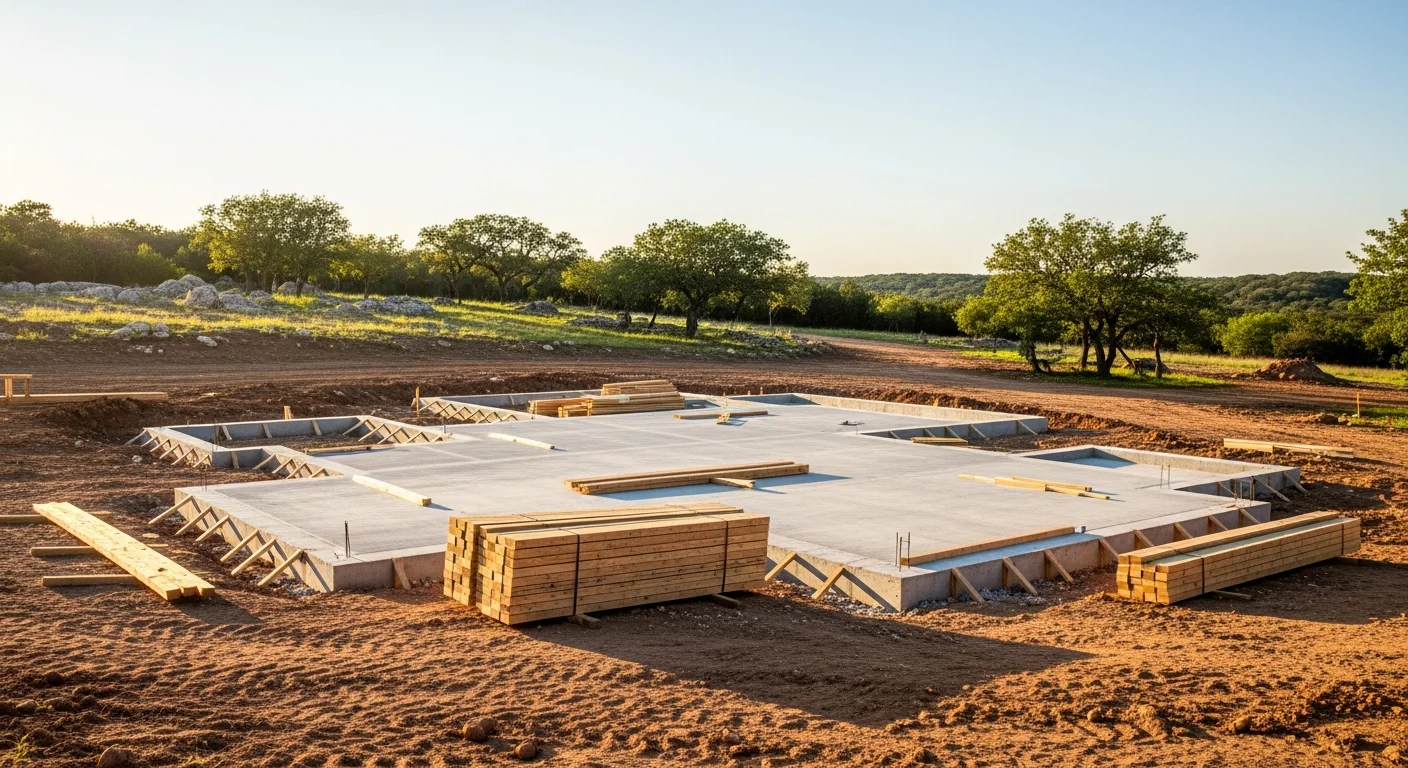 A newly completed luxury custom home on a rural Guadalupe County lot in New Berlin, TX, featuring a covered outdoor living area and open countryside views. The single-story design sits low on the land with a standing-seam metal roof and wide front porch built by Cornerstone Building LLC.