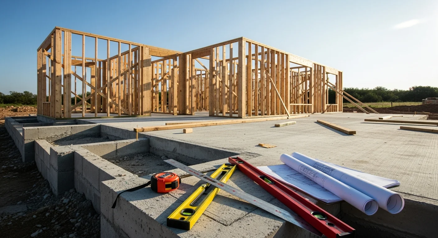 Newly framed multifamily residential building under construction on a rural lot in New Berlin, TX. Cornerstone Building LLC crew works on wood-frame structure with open Texas countryside visible in the background.