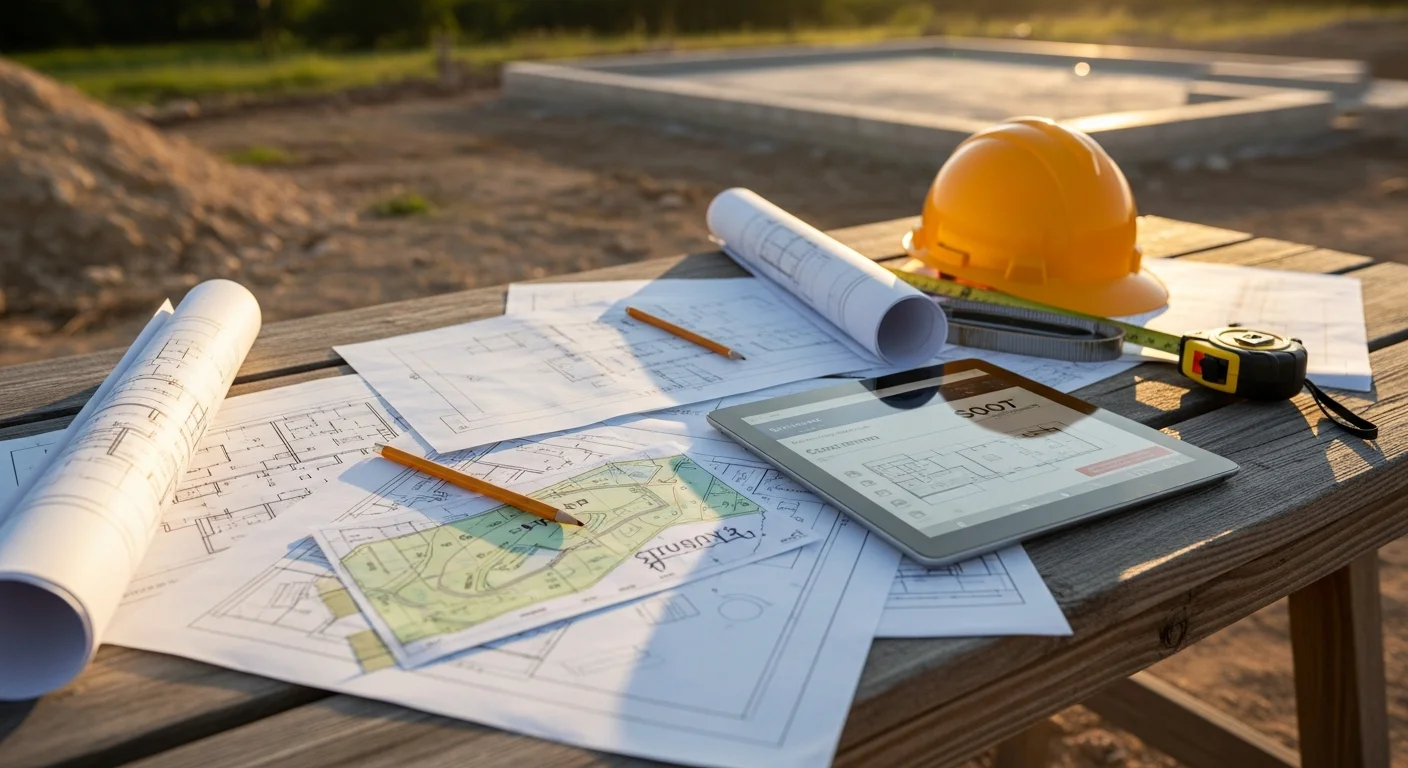 A construction consultant and property owner reviewing site plans and cost documents at a table, with a rural New Berlin, TX land parcel visible through the window. Preconstruction planning documents, site sketches, and a cost estimate sheet are spread across the table.