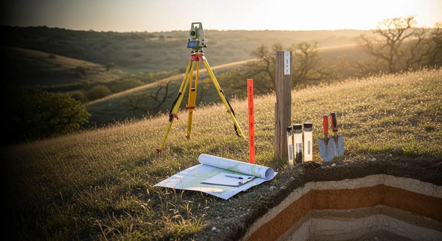 A construction consultant reviewing a site plan document while standing on an open rural parcel in New Berlin, TX, with gently rolling Guadalupe County terrain visible in the background. Clipboard notes and property boundary markers are visible in the foreground.