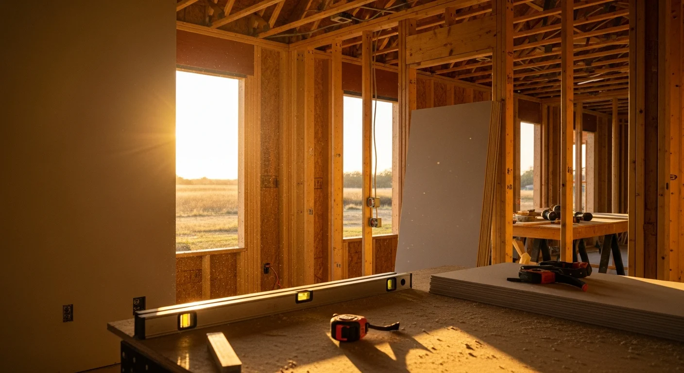 A renovated single-family home interior in New Berlin, TX showing an updated open-concept kitchen and living area with new flooring and fresh wall finishes. The space reflects a whole-home renovation completed by a general contractor serving Guadalupe County.